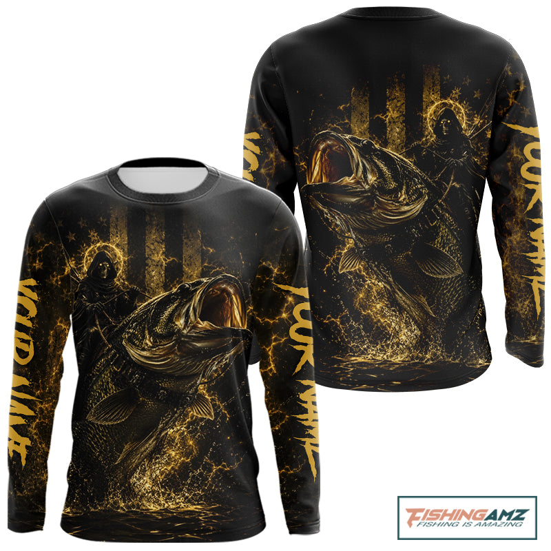 Back view of yellow bass fishing shirt made from breathable polyester with UPF 30+ sun protection.