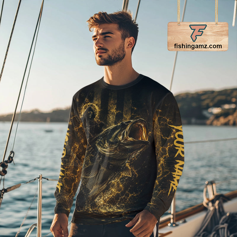Grim Reaper Bass Fishing Jersey, Largemouth Bass Long Sleeve Performance Fishing Shirt|Yellow NHT1210