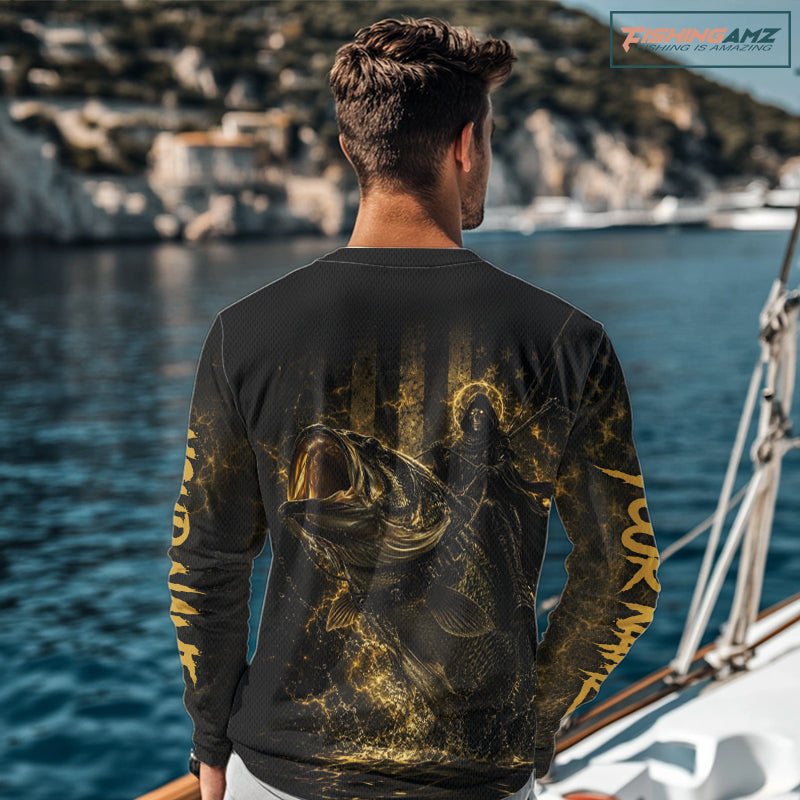 Grim Reaper Bass Fishing Jersey, Largemouth Bass Long Sleeve Performance Fishing Shirt|Yellow NHT1210