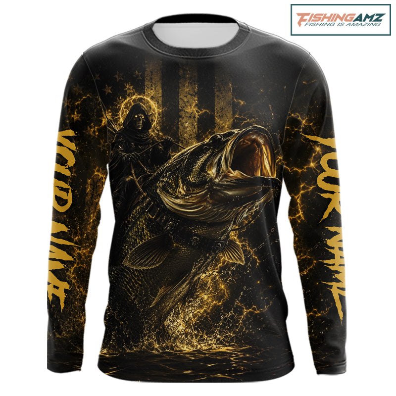 Yellow Grim Reaper Bass Fishing Jersey long sleeve with largemouth bass graphic and performance fit