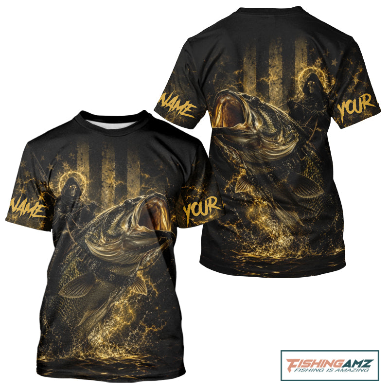 Grim Reaper Bass Fishing Jersey, Largemouth Bass Short Sleeve Performance Fishing Shirt|Yellow NHT1210