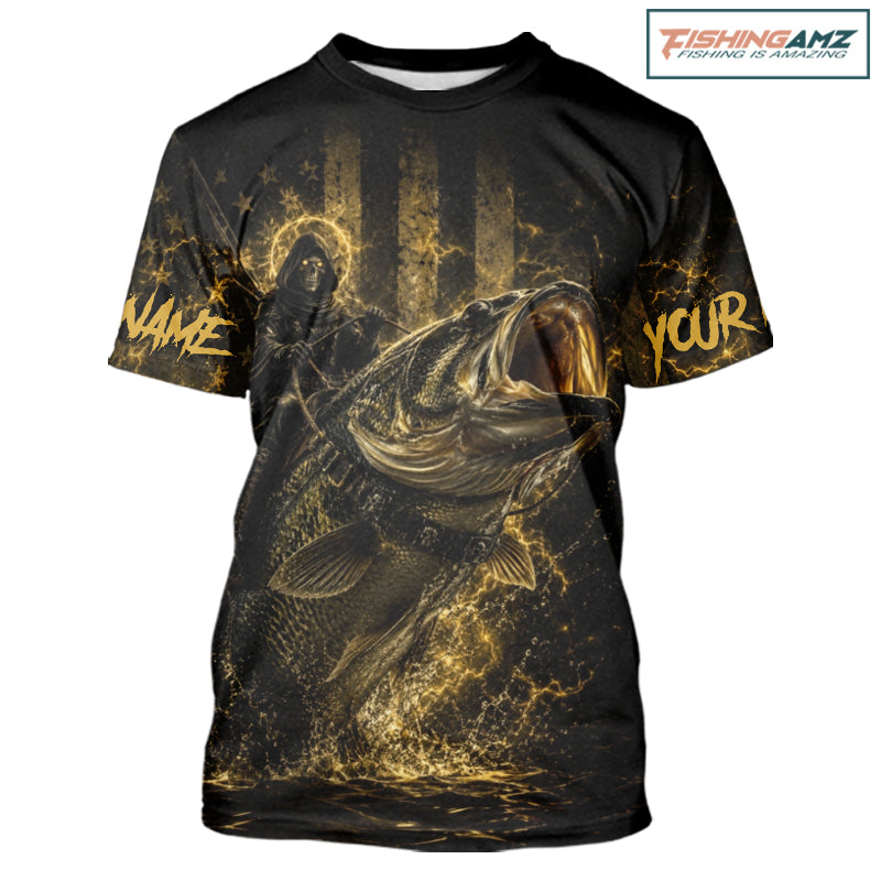 Grim Reaper Bass Fishing Jersey, Largemouth Bass Short Sleeve Performance Fishing Shirt|Yellow NHT1210