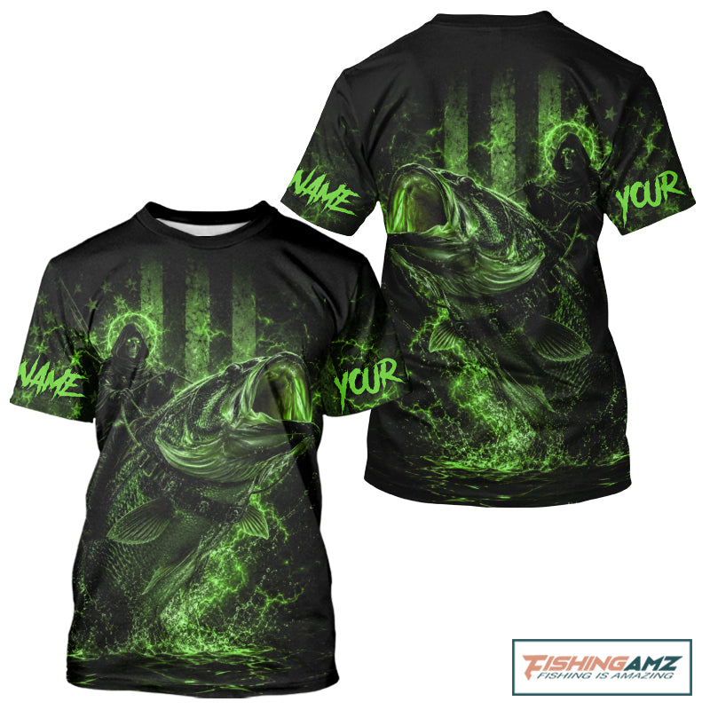 Back view of green bass fishing shirt made from breathable polyester with UPF 30+ sun protection.