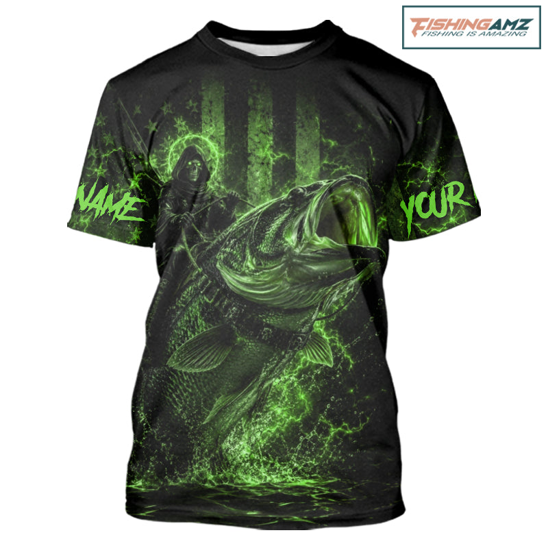 Green Grim Reaper Bass Fishing Jersey with largemouth bass graphic and short sleeve performance fit