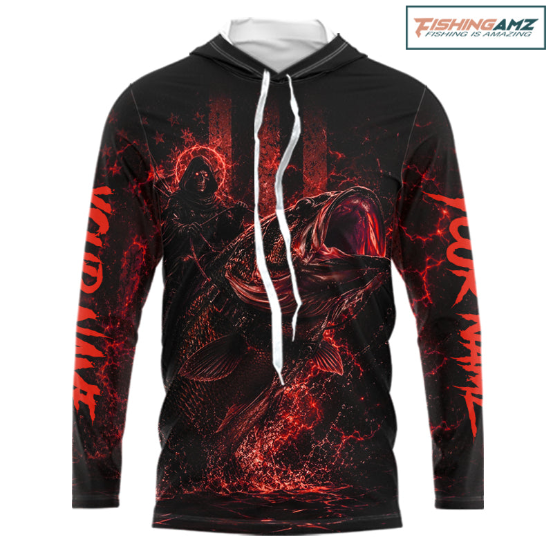 Red Grim Reaper Bass Fishing Jersey long sleeve hooded shirt with bass-inspired print and performance fit.