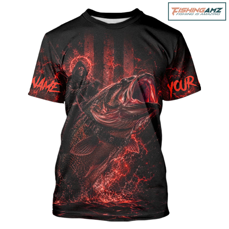 Grim Reaper Bass Fishing Jersey, Largemouth Bass Short Sleeve Performance Fishing Shirt|Red NHT1212