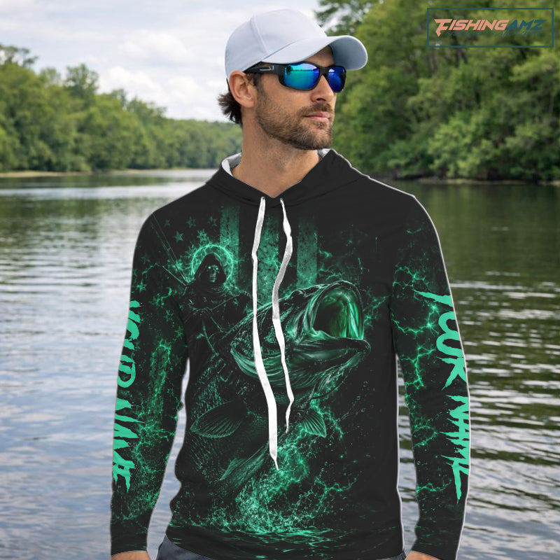Grim Reaper Bass Fishing Jersey, Largemouth Bass Long Sleeve Hooded Performance Fishing Shirt|Turquoise NHT1213