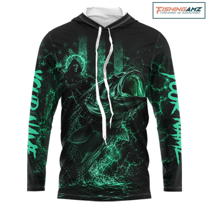 Turquoise Grim Reaper Bass Fishing Jersey long sleeve hooded shirt with bass-inspired print and performance fit.