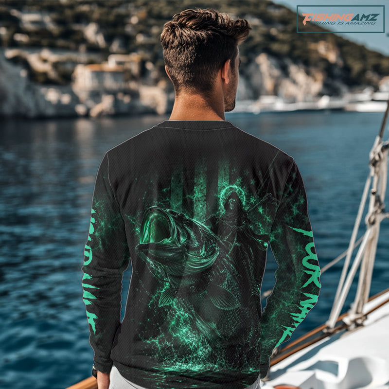 Grim Reaper Bass Fishing Jersey, Largemouth Bass Long Sleeve Performance Fishing Shirt|Turquoise NHT1213
