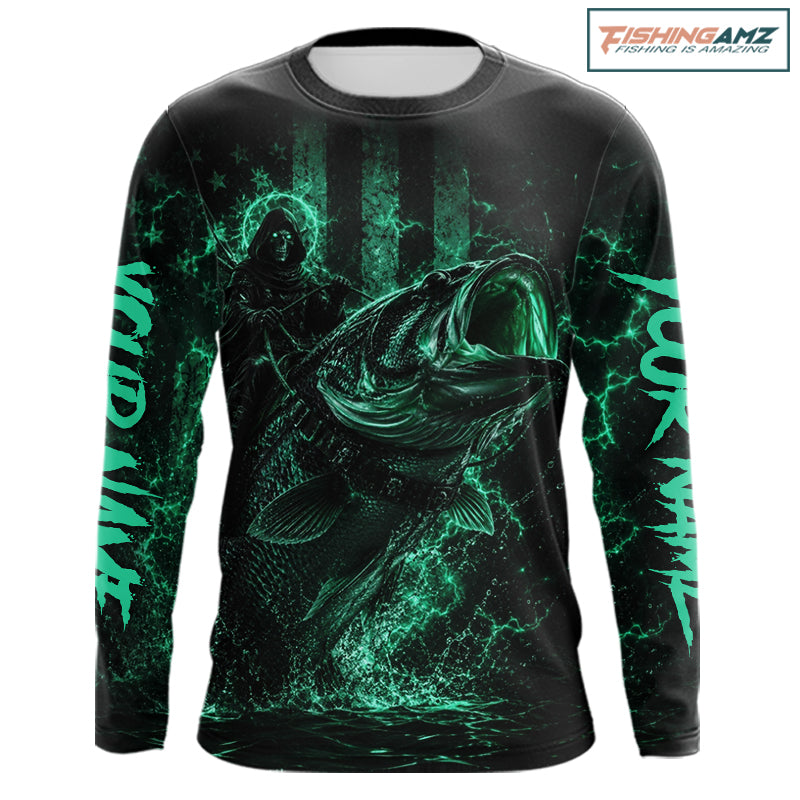 Turquoise Grim Reaper Bass Fishing Jersey long sleeve with largemouth bass graphic and performance fit.