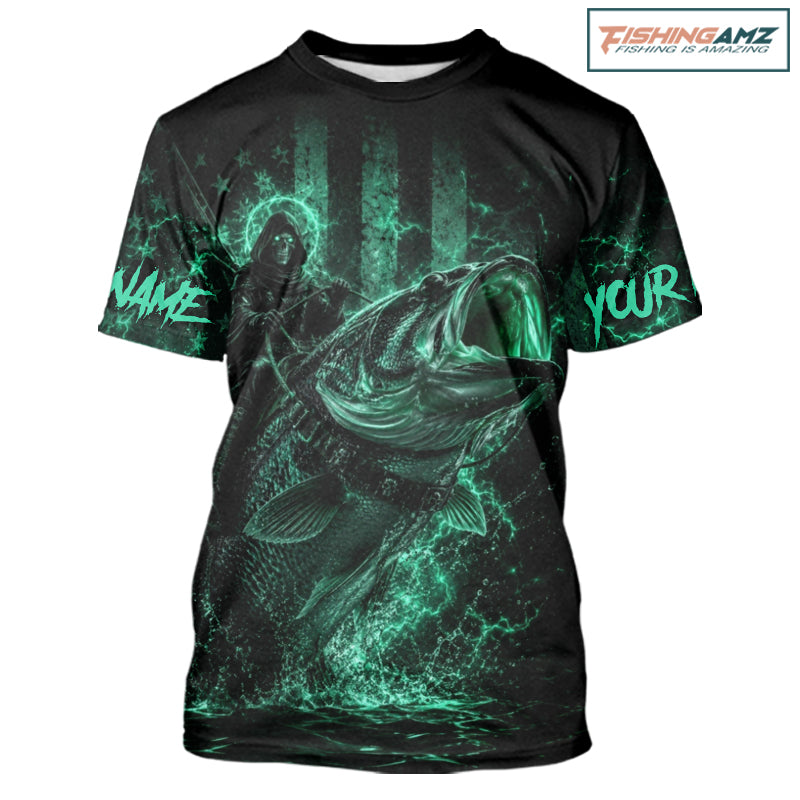 Grim Reaper Bass Fishing Jersey, Largemouth Bass Short Sleeve Performance Fishing Shirt|Turquoise NHT1213