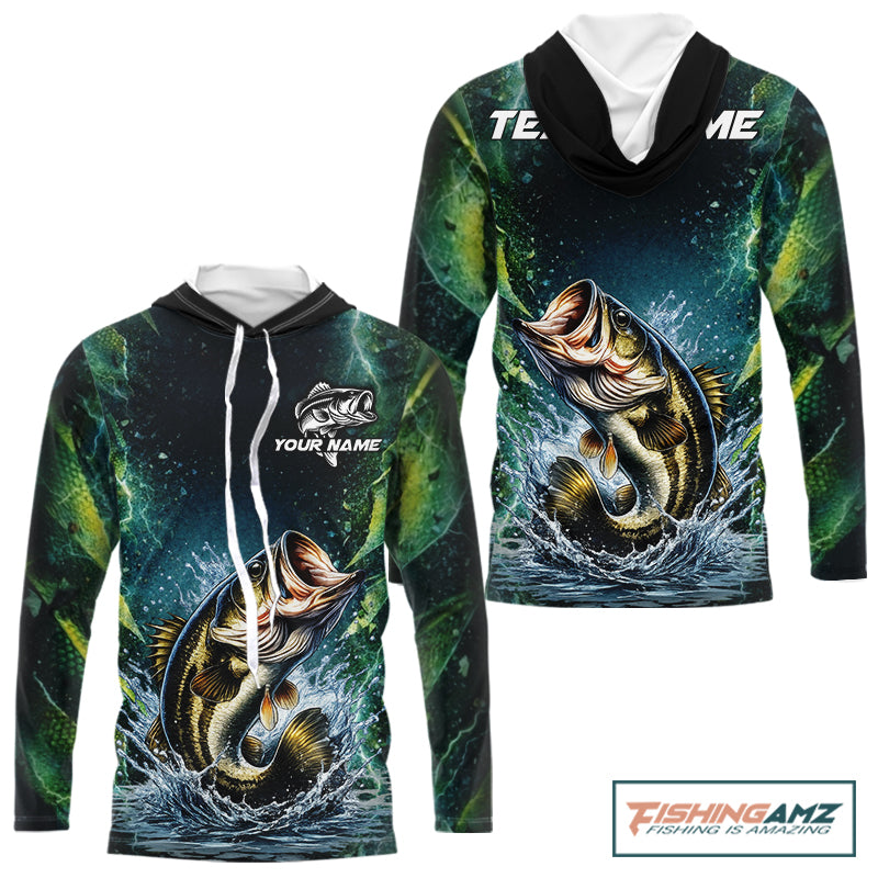 Largemouth Bass Fishing Black Green Camo Custom Name Fishing Shirts Jerseys NHT456