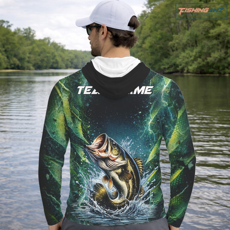 Largemouth Bass Fishing Black Green Camo Custom Name Fishing Shirts Jerseys NHT456