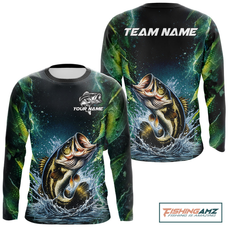 Largemouth Bass Fishing Black Green Camo Custom Name Fishing Shirts Jerseys NHT456