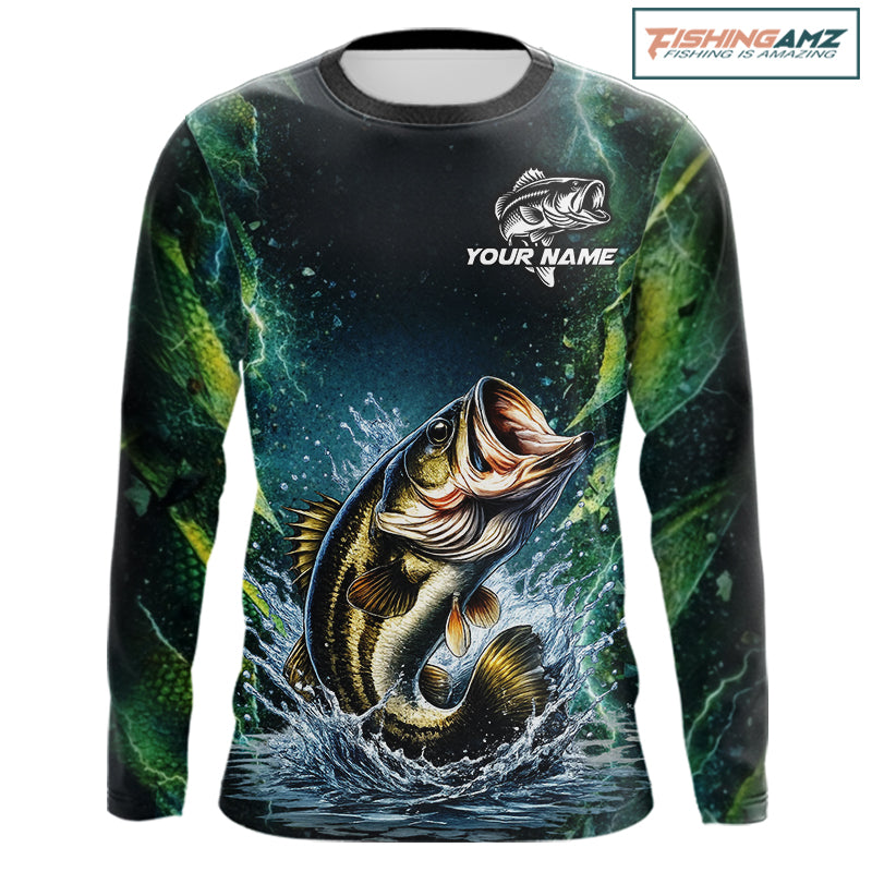 Largemouth Bass Fishing Black Green Camo Custom Name Fishing Shirts Jerseys NHT456