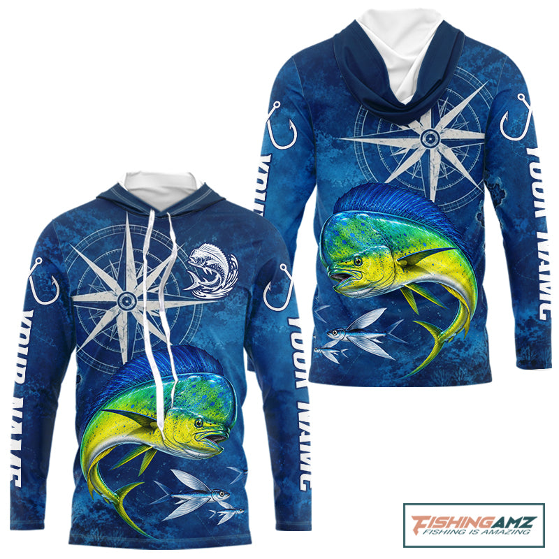 Mahi Mahi Fishing Shirt Long Sleeve Hooded Gift For Men – Deep Sea Angler Ocean Compass Design