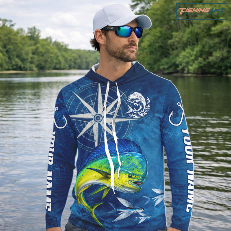 Mahi Mahi Fishing Shirt Long Sleeve Hooded Gift For Men – Deep Sea Angler Ocean Compass Design