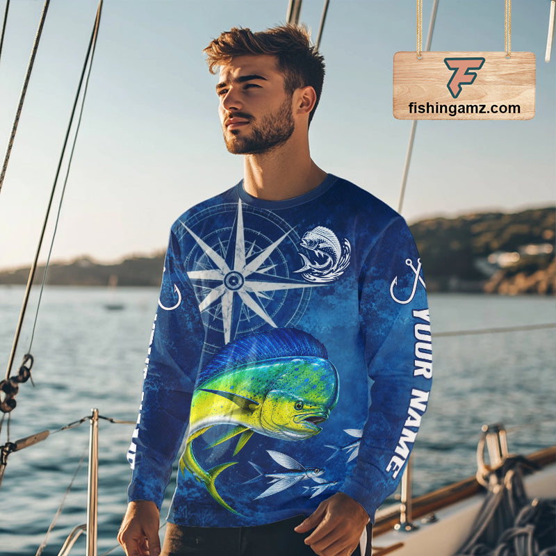 Mahi Mahi Fishing Shirt Long Sleeve Gift For Men – Deep Sea Angler Ocean Compass Design