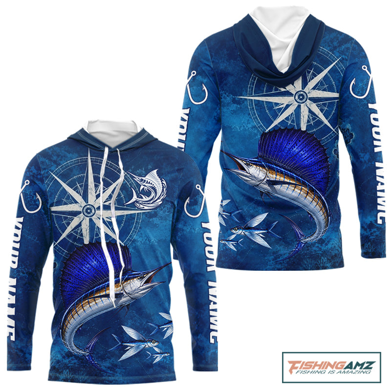 Sailfish Fishing Shirt Long Sleeve Hooded Gift For Men – Deep Sea Angler Ocean Compass Design