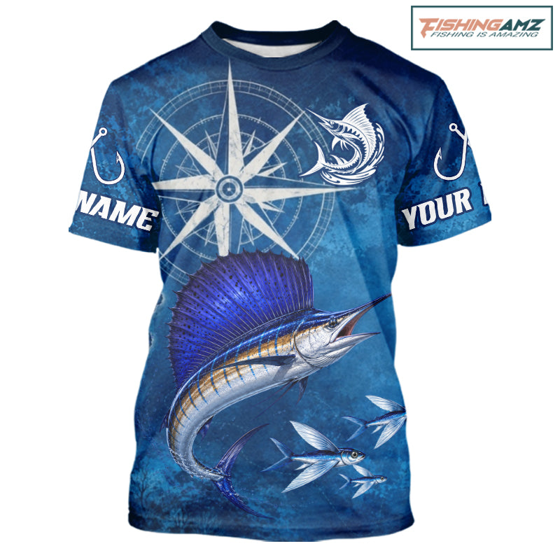 Sailfish Short Sleeve Fishing T-Shirts Gift For Men – Deep Sea Angler Ocean Compass Design