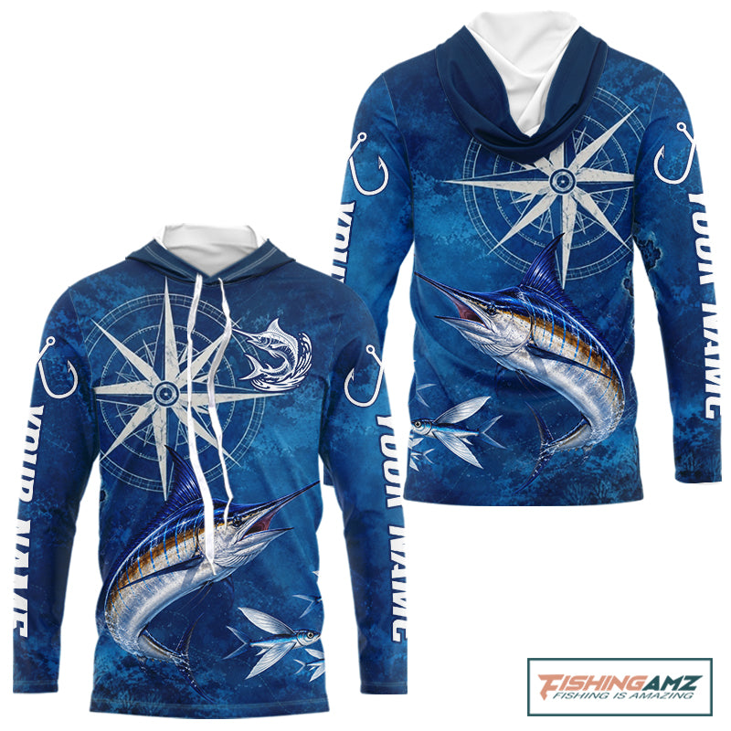 Marlin Fishing Shirt Long Sleeve Hooded Gift For Men – Deep Sea Angler Ocean Compass Design