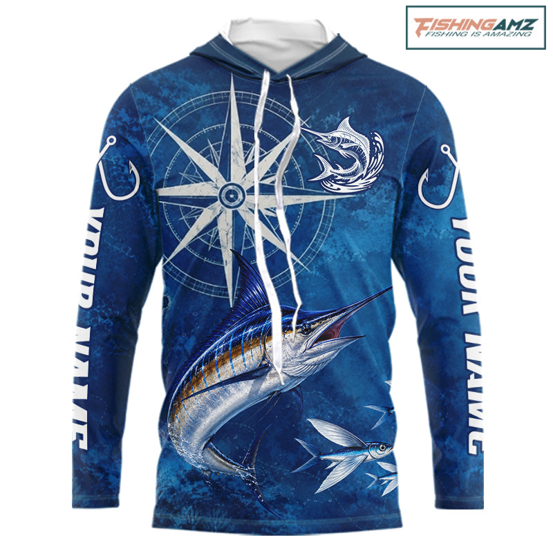 Marlin Fishing Shirt Long Sleeve Hooded Gift For Men – Deep Sea Angler Ocean Compass Design