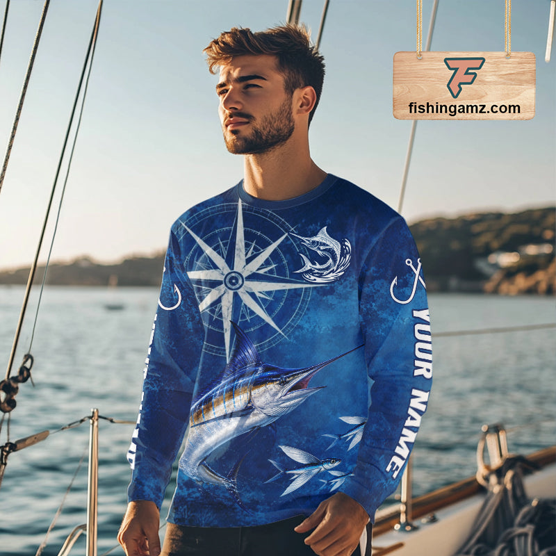 Marlin Fishing Shirt Long Sleeve Gift For Men – Deep Sea Angler Ocean Compass Design