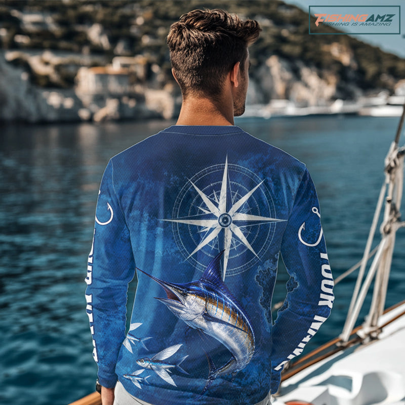 Marlin Fishing Shirt Long Sleeve Gift For Men – Deep Sea Angler Ocean Compass Design