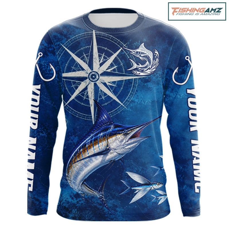 Marlin Fishing Shirt Long Sleeve Gift For Men – Deep Sea Angler Ocean Compass Design