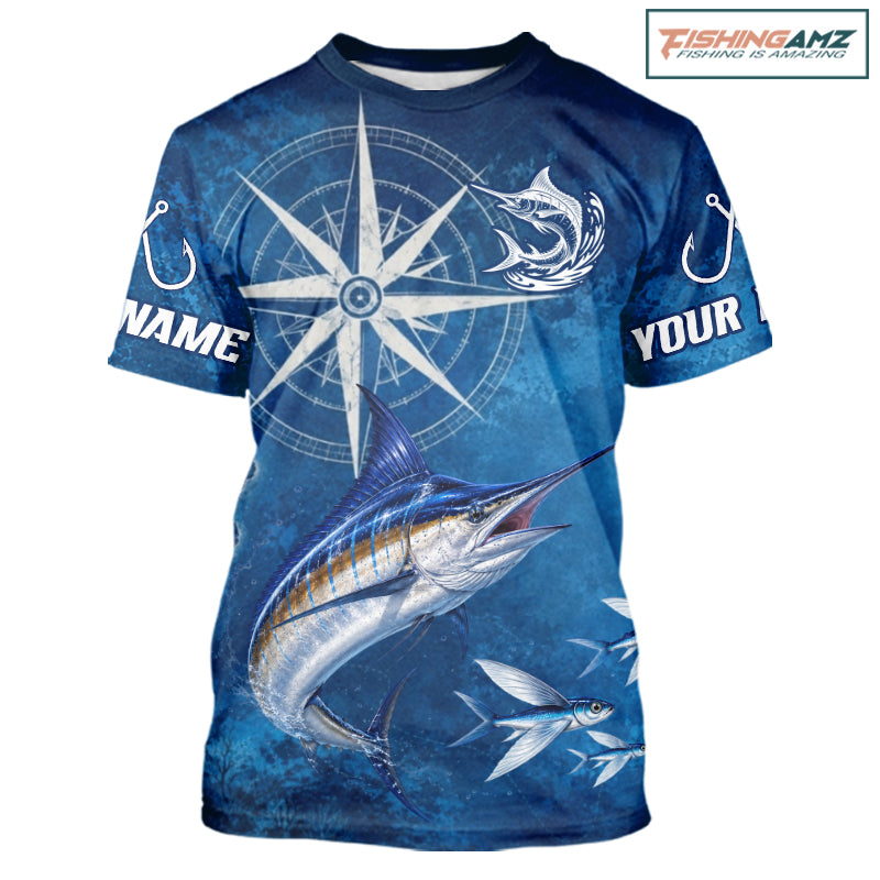 Marlin Short Sleeve Fishing T-Shirts Gift For Men – Deep Sea Angler Ocean Compass Design