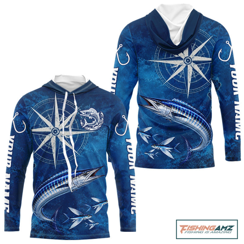Wahoo Fishing Shirt Long Sleeve Hooded Gift For Men – Deep Sea Angler Ocean Compass Design