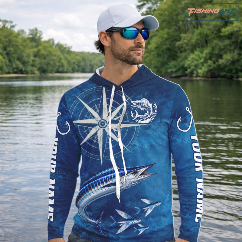 Wahoo Fishing Shirt Long Sleeve Hooded Gift For Men – Deep Sea Angler Ocean Compass Design