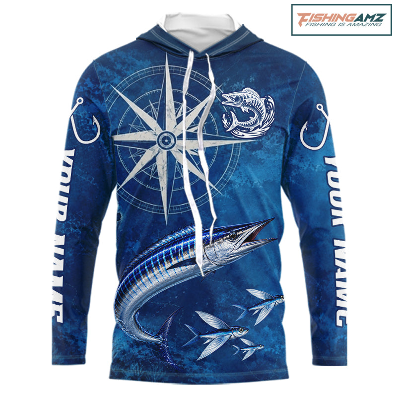 Wahoo Fishing Shirt Long Sleeve Hooded Gift For Men – Deep Sea Angler Ocean Compass Design