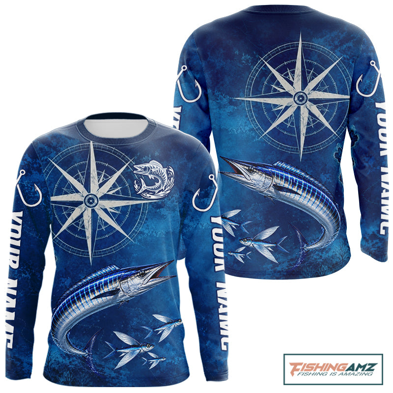 Wahoo Fishing Shirt Long Sleeve Gift For Men – Deep Sea Angler Ocean Compass Design