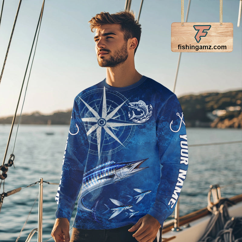 Wahoo Fishing Shirt Long Sleeve Gift For Men – Deep Sea Angler Ocean Compass Design