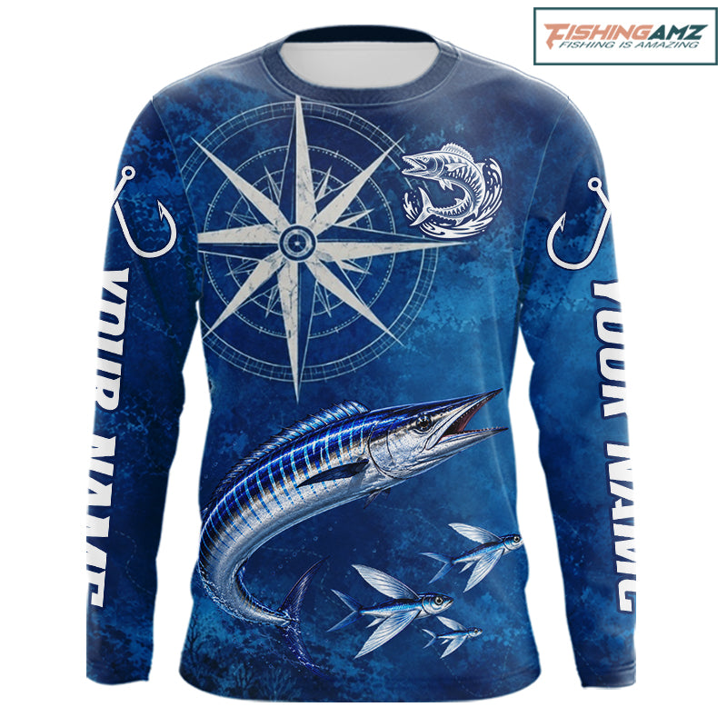 Wahoo Fishing Shirt Long Sleeve Gift For Men – Deep Sea Angler Ocean Compass Design