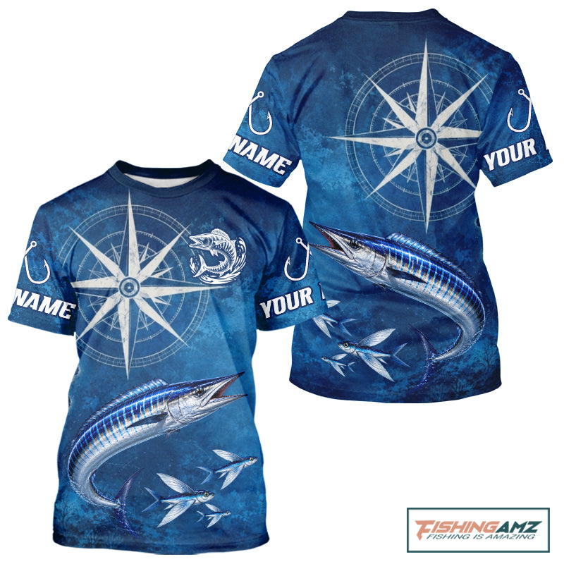 Wahoo Short Sleeve Fishing T-Shirts Gift For Men – Deep Sea Angler Ocean Compass Design
