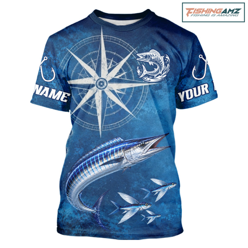Wahoo Short Sleeve Fishing T-Shirts Gift For Men – Deep Sea Angler Ocean Compass Design