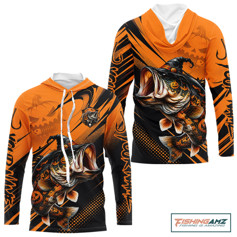 Halloween Bass Fishing Shirt, Largemouth Bass Long Sleeve Hooded Fishing Jersey, Custom Angler Gift NHT1354