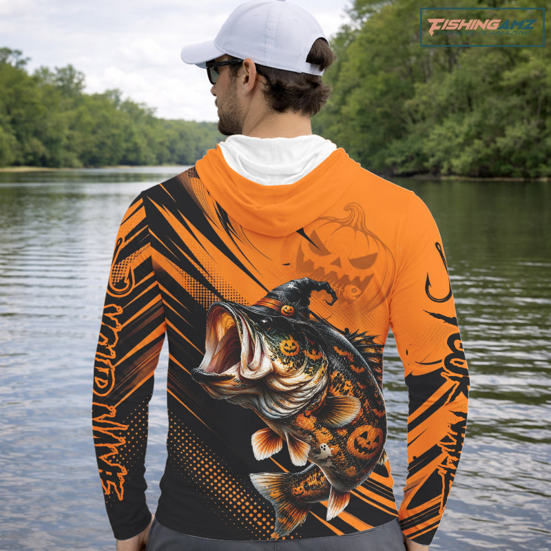 Halloween Bass Fishing Shirt, Largemouth Bass Long Sleeve Hooded Fishing Jersey, Custom Angler Gift NHT1354