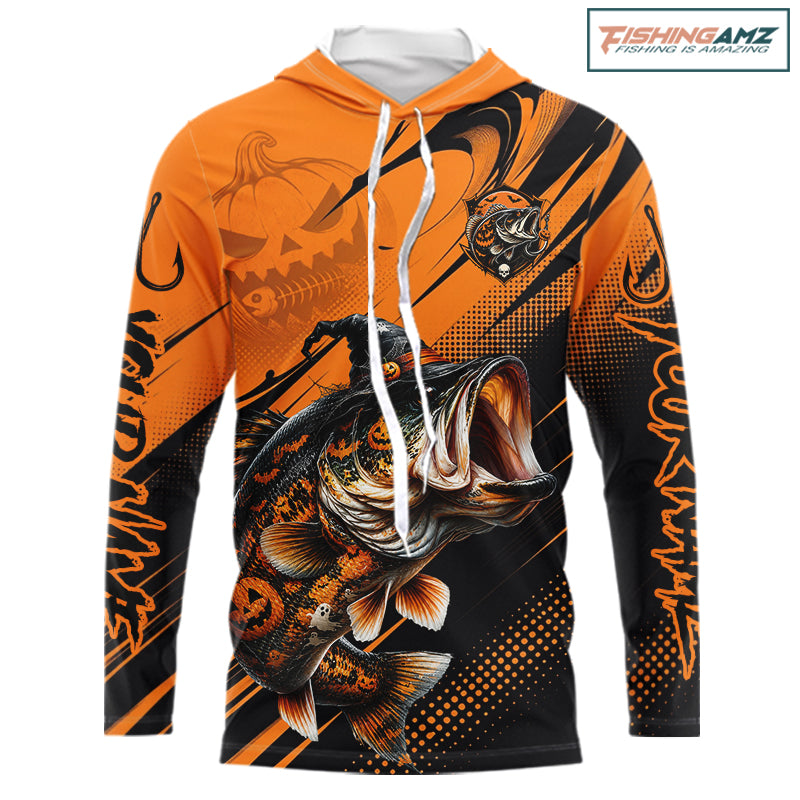Halloween Bass Fishing Shirt, Largemouth Bass Long Sleeve Hooded Fishing Jersey, Custom Angler Gift NHT1354