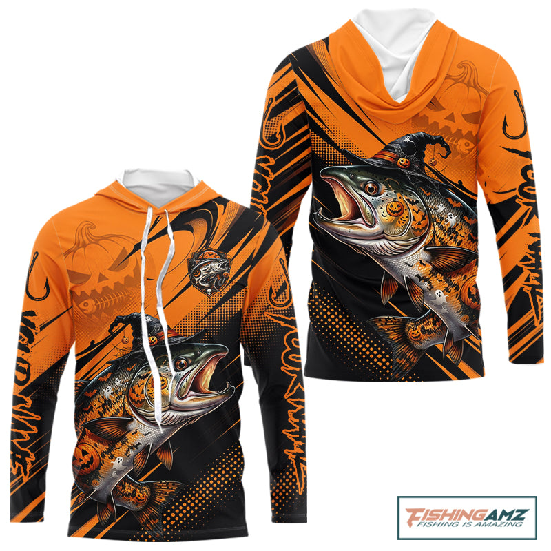 Halloween Salmon Fishing Shirt, Chinook Salmon Long Sleeve Hooded Fishing Jersey, Custom Angler Gift NHT1355
