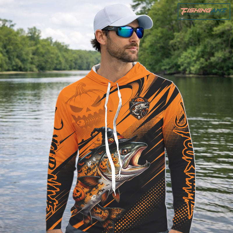 Halloween Salmon Fishing Shirt, Chinook Salmon Long Sleeve Hooded Fishing Jersey, Custom Angler Gift NHT1355