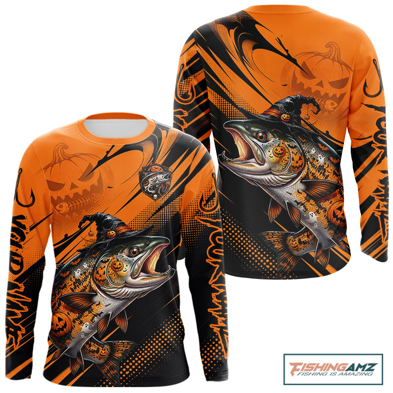 Halloween Salmon Fishing Shirt, Chinook Salmon Long Sleeve Fishing Jersey, Custom Angler Gift NHT1355