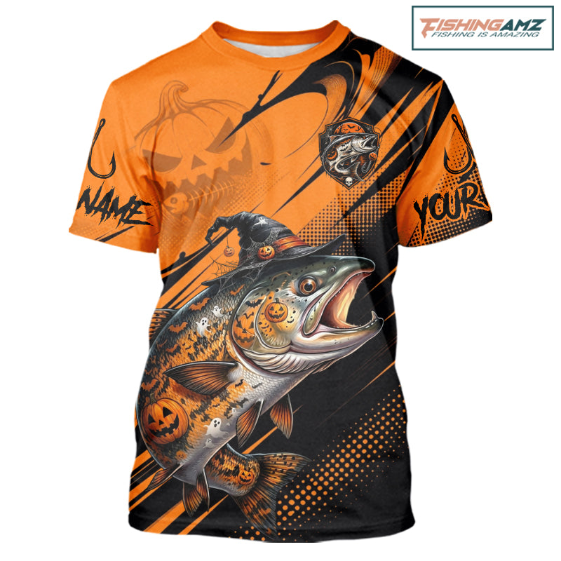 Halloween Salmon Fishing Shirt, Chinook Salmon Long Sleeve Fishing Jersey, Custom Angler Gift NHT1355