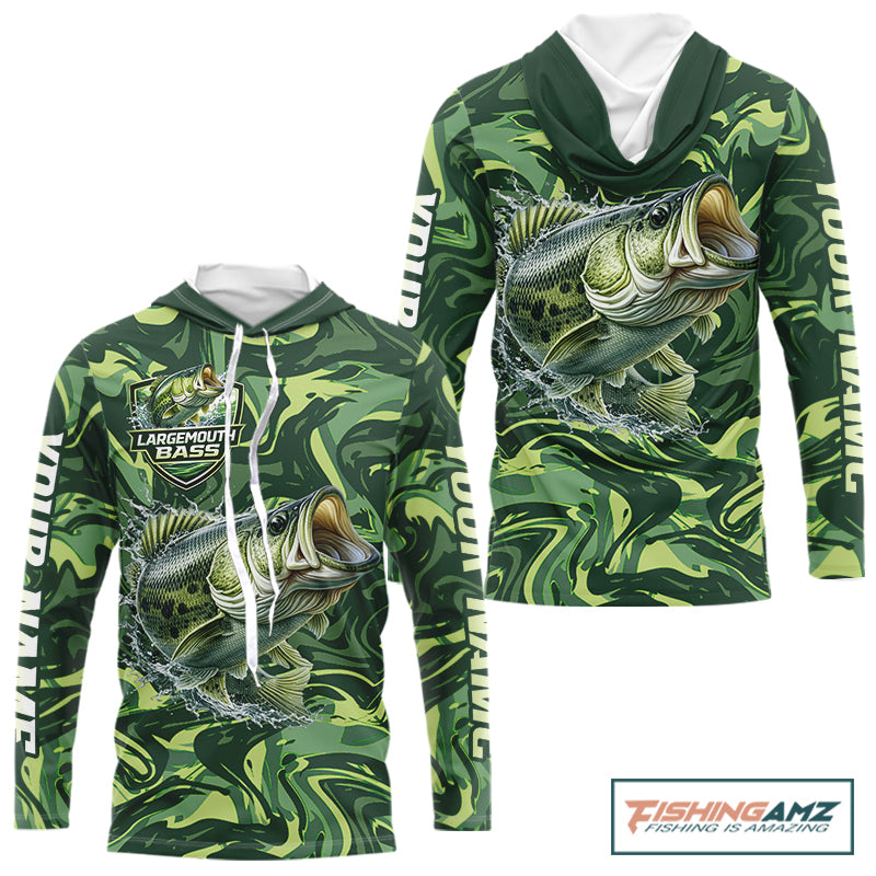 Largemouth Bass Fishing Shirts Long Sleeves Hooded Camo Green With Personalized Name NHT398