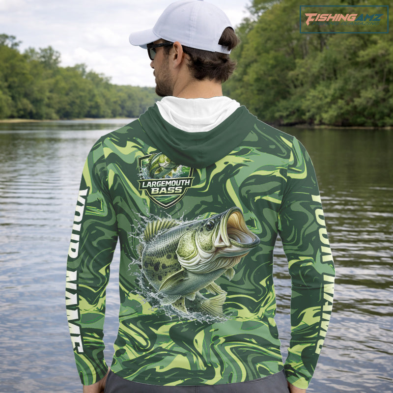 Largemouth Bass Fishing Shirts Long Sleeves Hooded Camo Green With Personalized Name NHT398