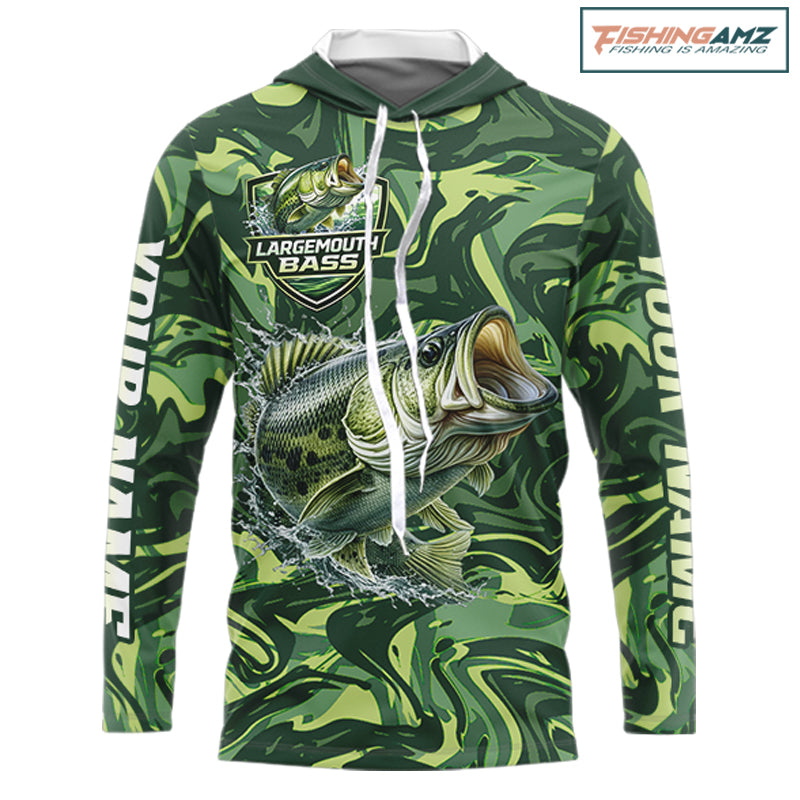 Largemouth Bass Fishing Shirts Long Sleeves Hooded Camo Green With Personalized Name NHT398