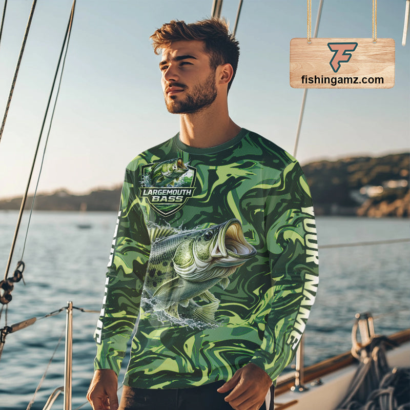 Largemouth Bass Fishing Shirts Long Sleeve Camo Green With Personalized Name NHT398