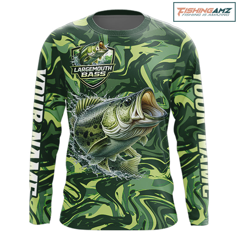 Largemouth Bass Fishing Shirts Long Sleeve Camo Green With Personalized Name NHT398